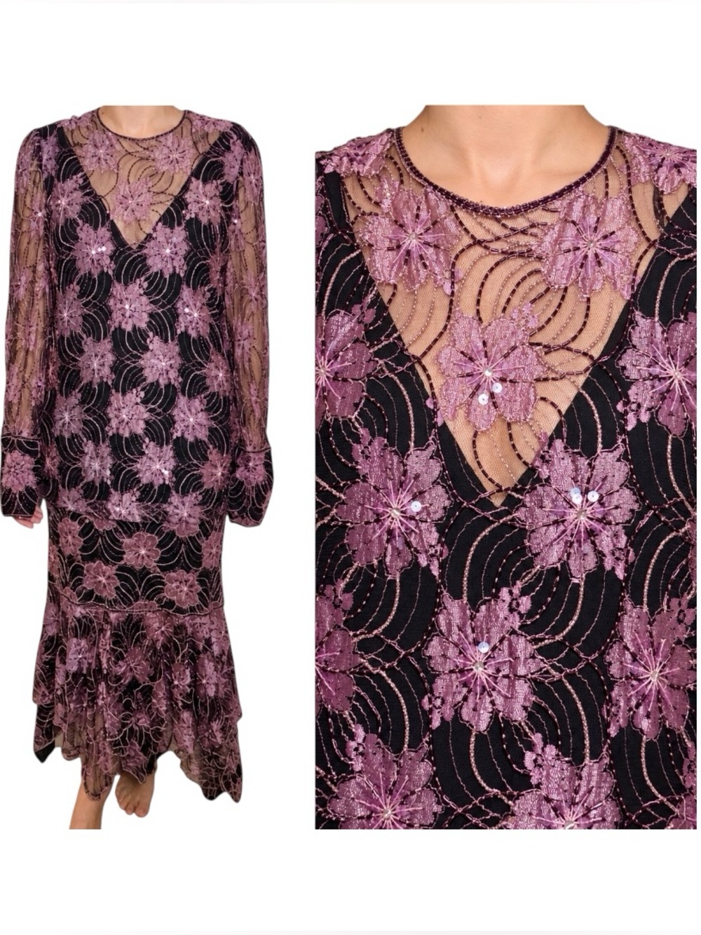 Neiman Marcus Vintage Lavender Beaded Sequin Floral Mesh Evening Gown Dress